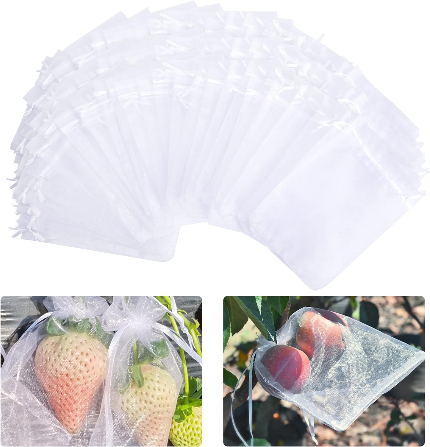 100 Pieces Organza Fruit Netting Bags - 6x8 Inch Fruit Protection Bags with Drawstring, Garden Plant Net Barrier Bag for Tomatoes, Grapes, Mangoes