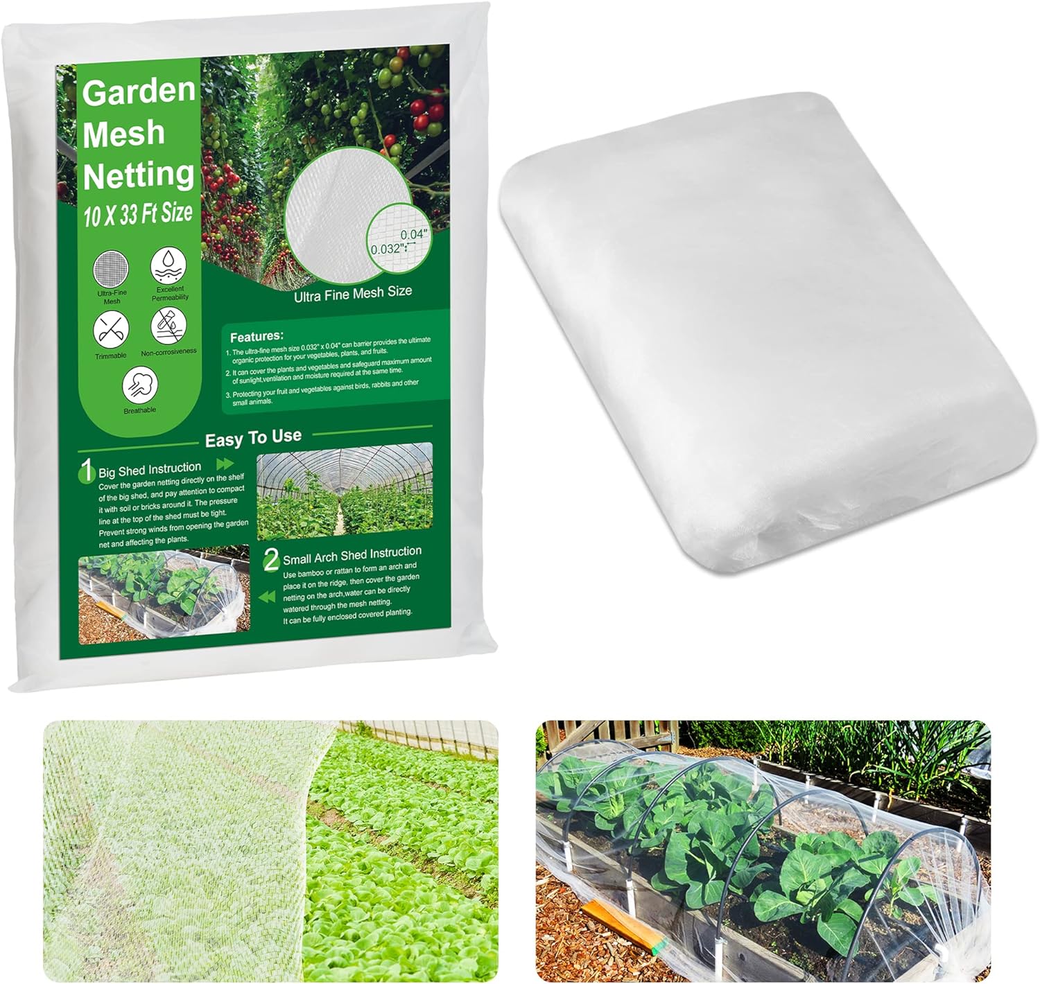 KY-YPFW 10x33 Ft Garden Netting Plant Covers - 0.032 x 0.04 Ultra Fine Mesh Protect Vegetables Fruits Flowers Plants Crops Greenhouse Row Cover Protection Screen Barrier Net for Birds Animals, White