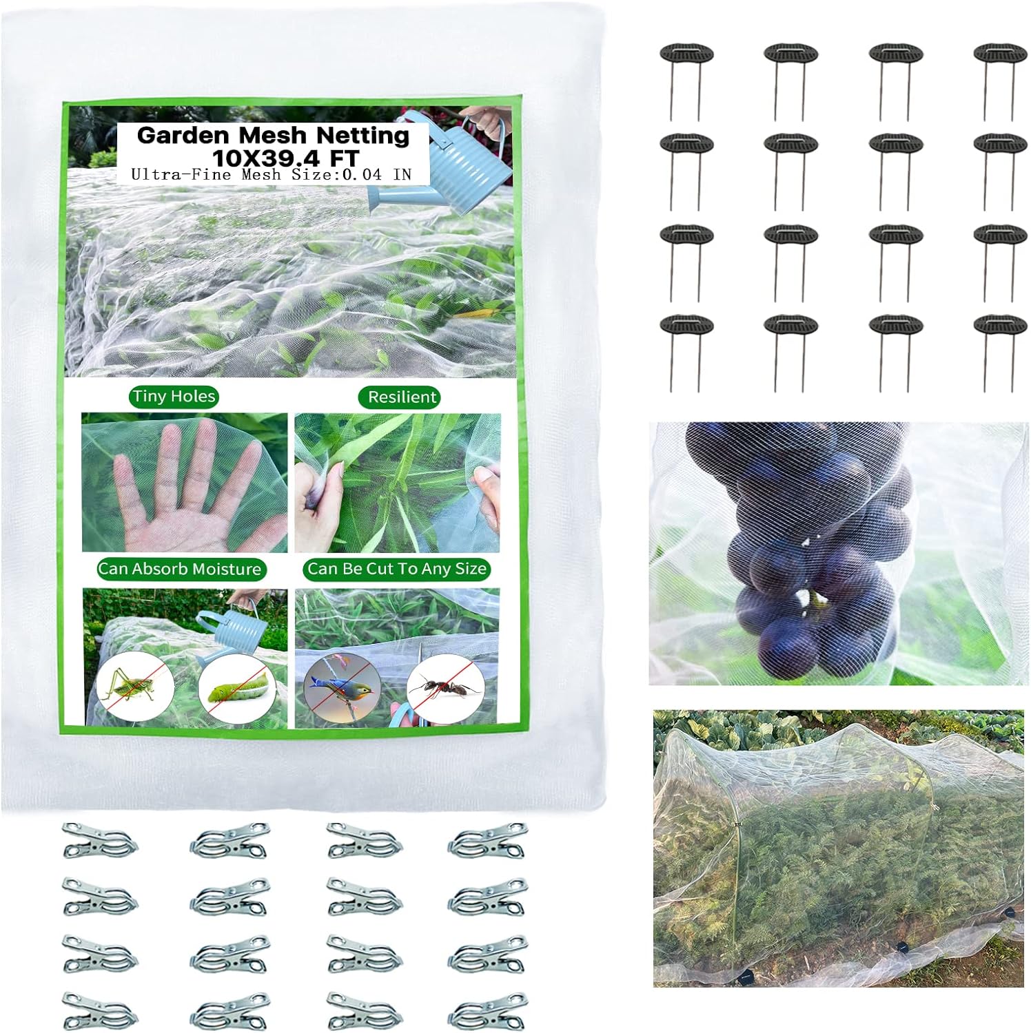 Ultra Fine Garden Mesh Netting - 10x39.4Ft with 16 PCS Greenhouse Clips, Pest Barrier Bvg Netting, Plant Covers Protection Net for Vegetable Plants Fruits Flowers Crops from Bird Eating