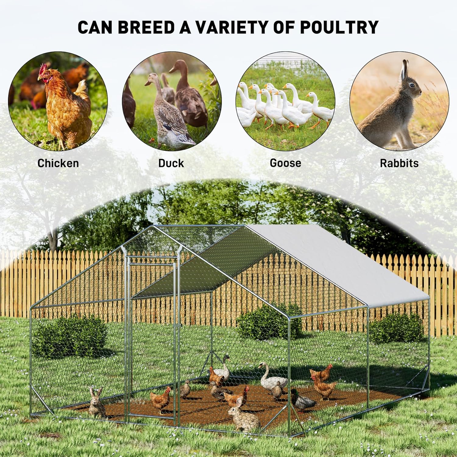 OUYESSIR Outdoor Metal Chicken Coop, Large Walk-in Chicken Run Pen with Waterproof Cover, Rabbit Habitat Poultry Cage for Backyard Farm Use (10âL x13âW x 6.56âH, Silver)
