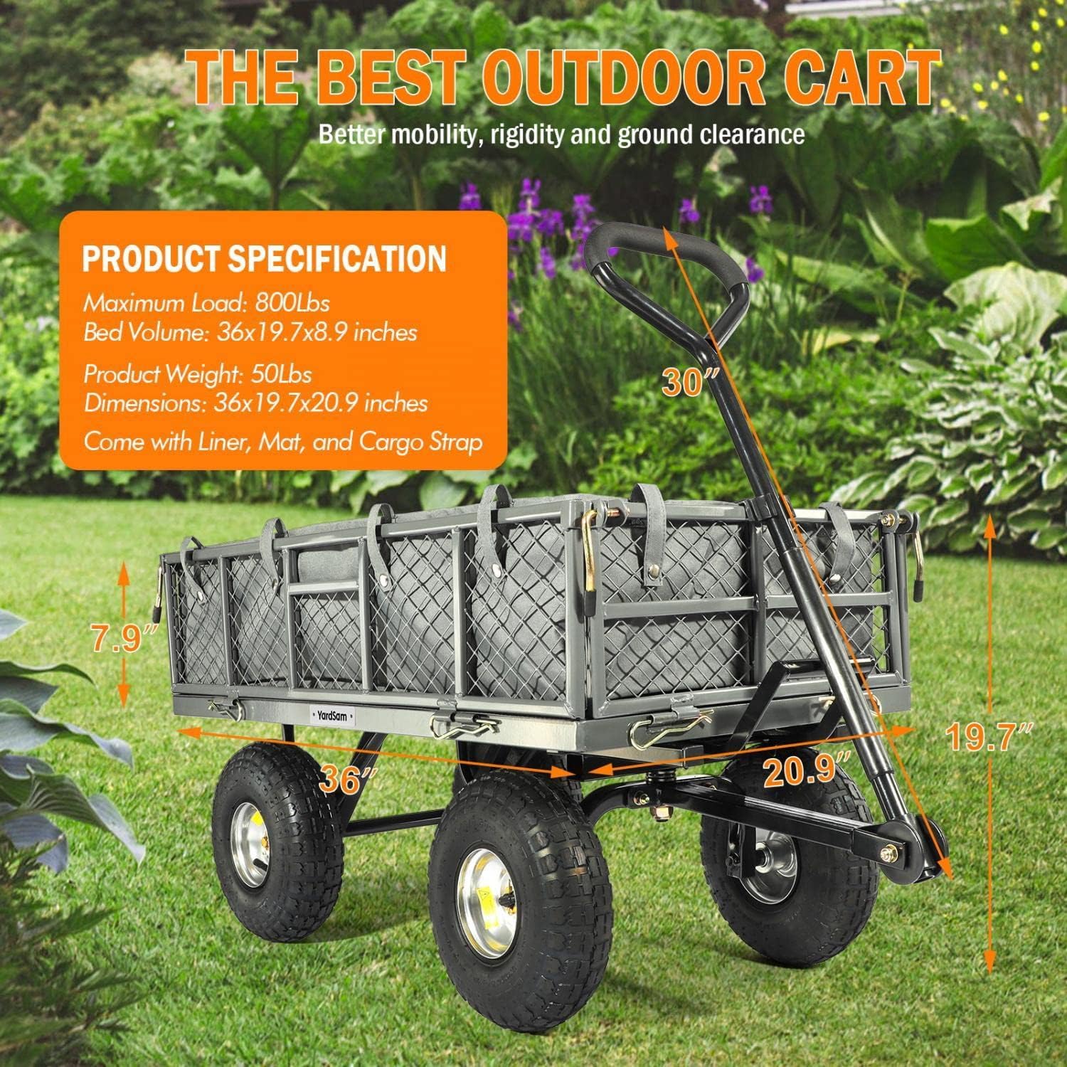 Yardsam Dump Garden Carts 800 lb Capacity, Heavy Duty Steel Garden Carts and Wagons with Removable Sides, Pullable Handles, 10in All-Terrain Wheels, Utility Liner, for Garden Lawn Yard Farm, Grey