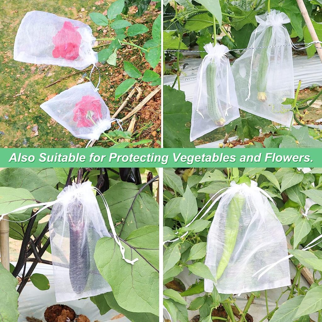 140 PCS Fruit Protection Bags, Fruit Netting Bags, 4 Size, Fruit Cover Mesh Bag with Drawstring, Garden Netting Bag, Mosquito Bug Insect Bird Net Barrier Bag for Fruits Vegetables Plant Flower (White)