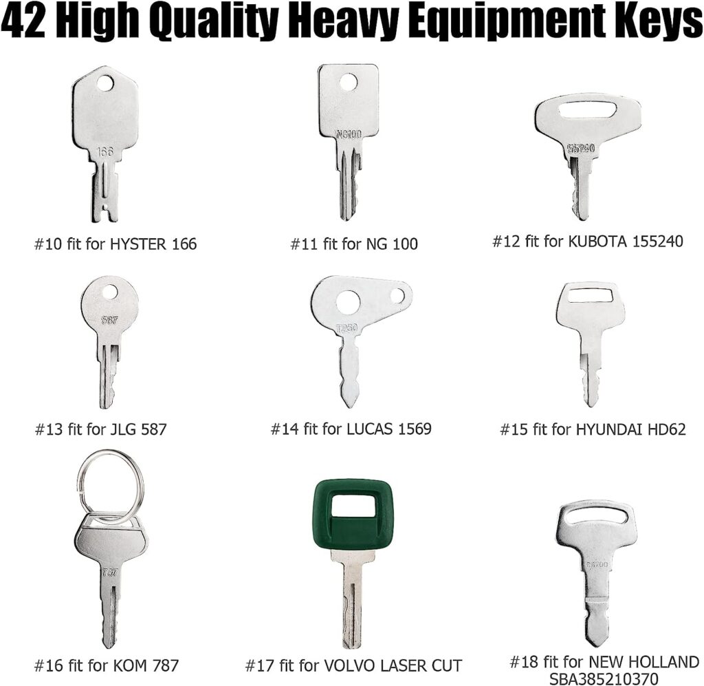 42 Heavy Equipment Keys Master Set, Construction Ignition Key for Cat Caterpillar Case JD John Deere Hyster Komatsu Kubota Yanmar Daewoo Takeuchi Ford New Holland Volvo JCB and More