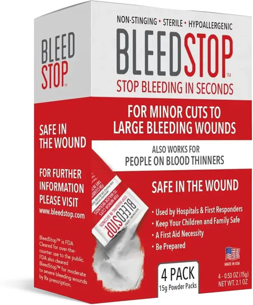 BleedStopâ¢ First Aid Powder for Blood Clotting, Trauma Kit, Blood Thinner Patients, Camping Safety, and Survival Equipment for Moderate to Severe Bleeding Wounds or Nosebleeds - 4 (15g) Pouches