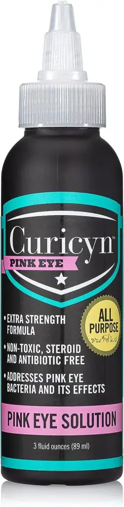 Curicyn Pink Eye Solution, Conjunctivitis Eye Drops for Dogs, Cats, Livestock and Horses – Pain Free, Non-Steroidal Dog Eye Wash with Purified Anolyte - Effects Observed in 1-3 Days - 3 oz
