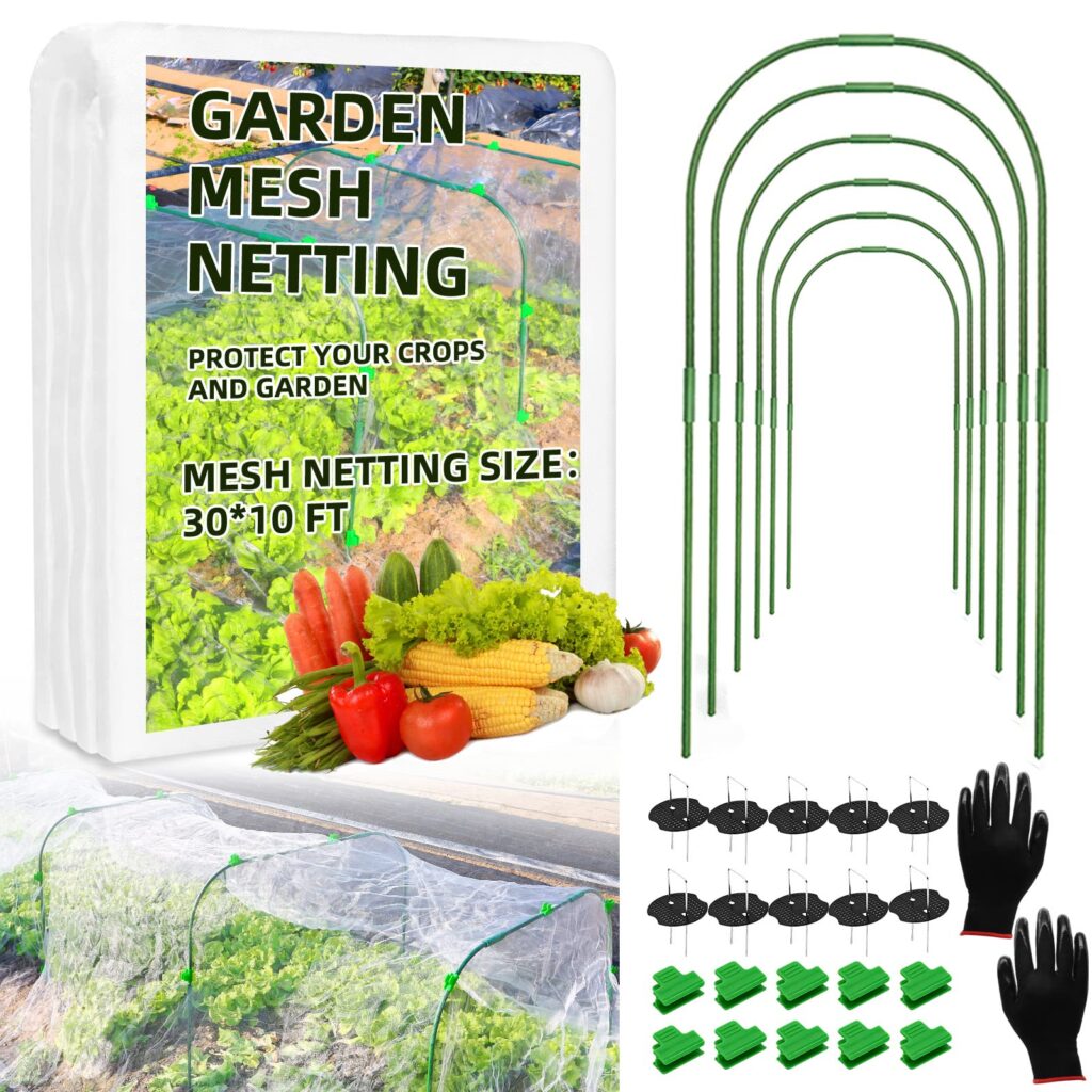 Garden Mesh Netting Kit, Plant Covers 10x30ft Ultra Fine Mesh Netting with 6 Sets Garden Hoops ï¼12 Clips, Bird Netting Protection for Fruit Vegetable Flowers Animals Greenhouse Cover