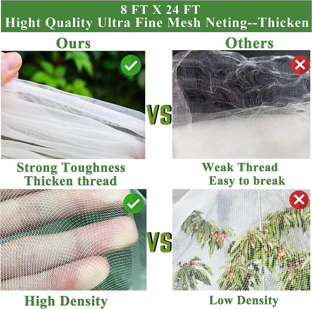 Garden Mesh Netting Kit, Plant Covers 8x24 Ft Ultra Fine Mesh Netting  6Pcs Garden Hoops  18 Clips for Vegetable Plants Fruits Flowers Crop Greenhouse Row Cover Birds Animals Barrier Protection Net