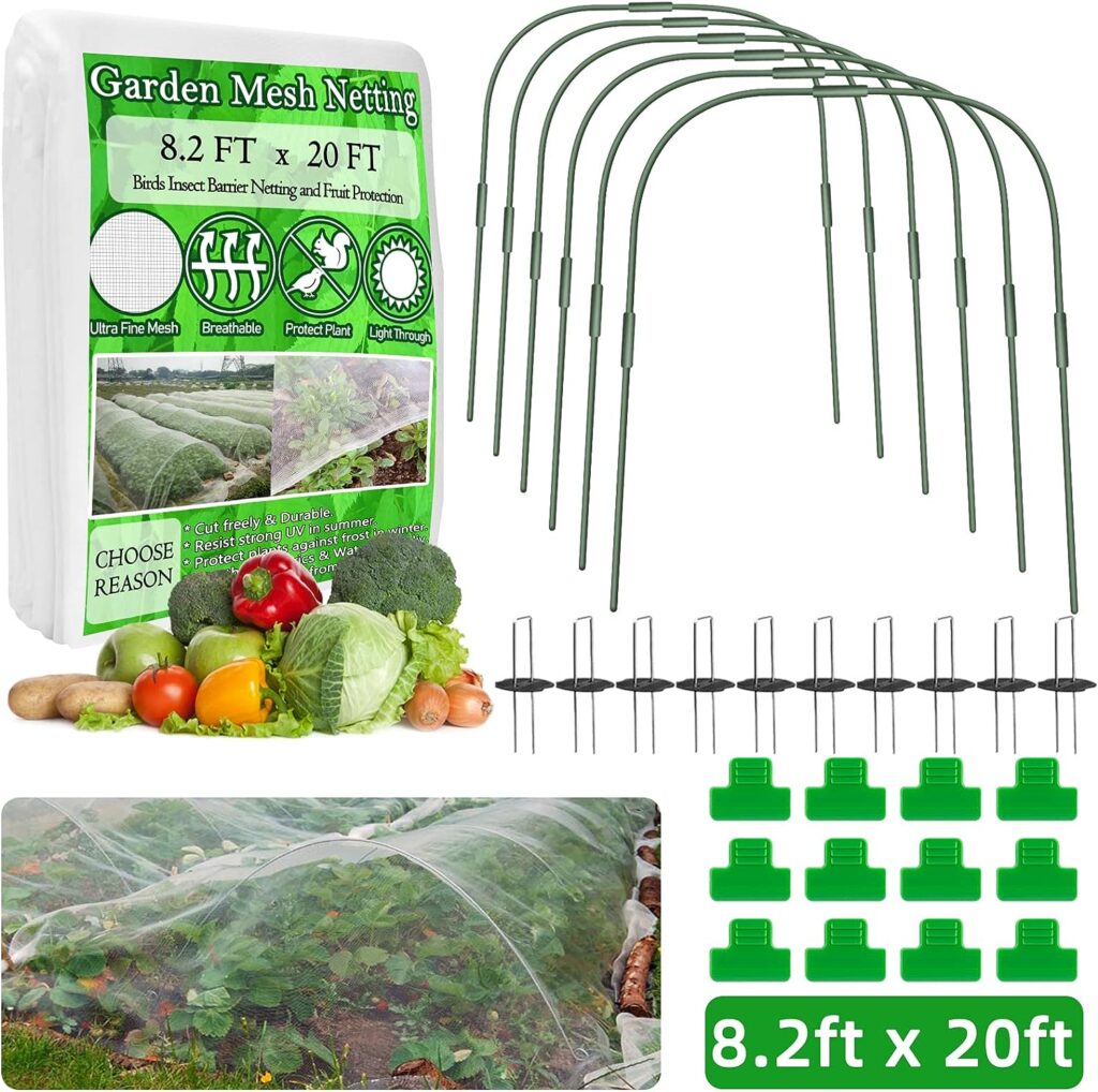 GRAUERHUND Garden Mesh Netting 8.2x20ft Plant Cover with 6pcs Garden Hoops 12pcs Clips and 10pcs Garden Staples for Vegetable Plants Fruits Flowers Greenhouse Crops Birds Animals Barrier Protection