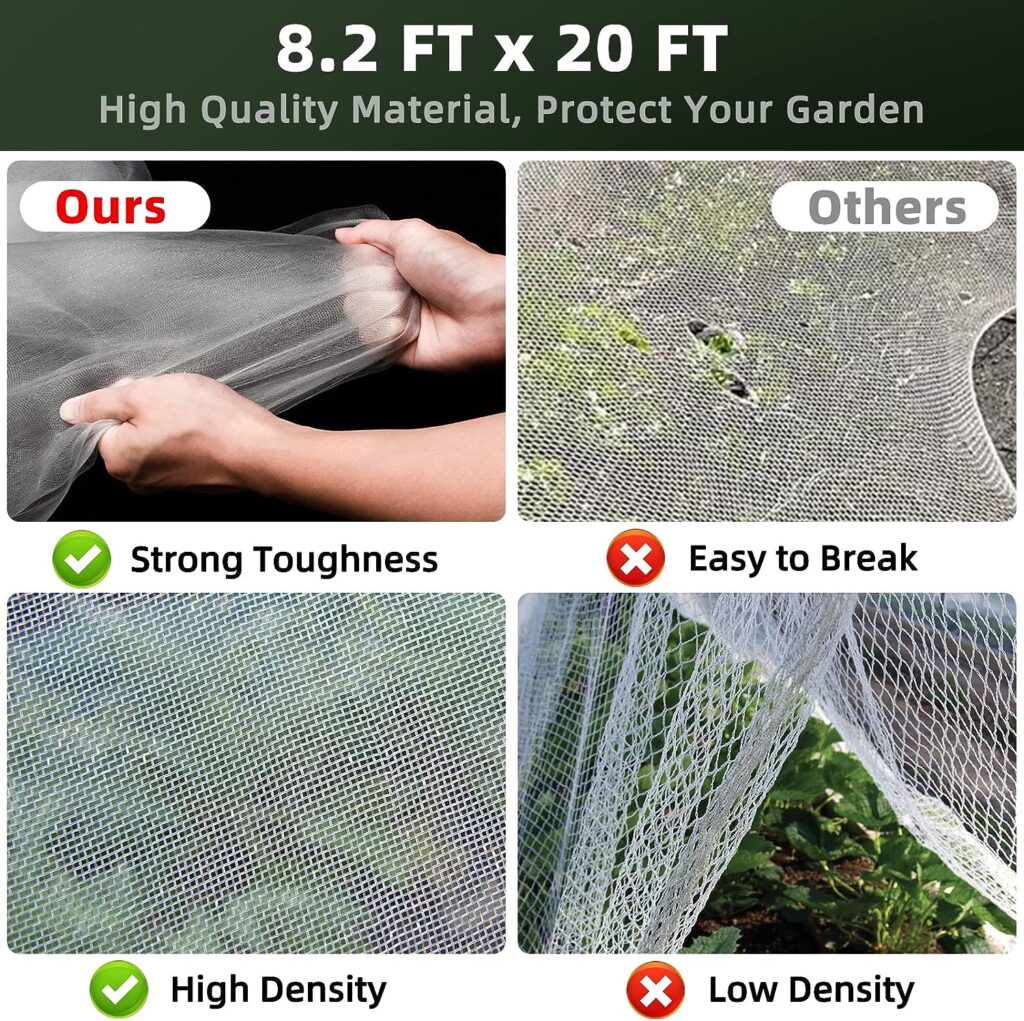 GRAUERHUND Garden Mesh Netting 8.2x20ft Plant Cover with 6pcs Garden Hoops 12pcs Clips and 10pcs Garden Staples for Vegetable Plants Fruits Flowers Greenhouse Crops Birds Animals Barrier Protection