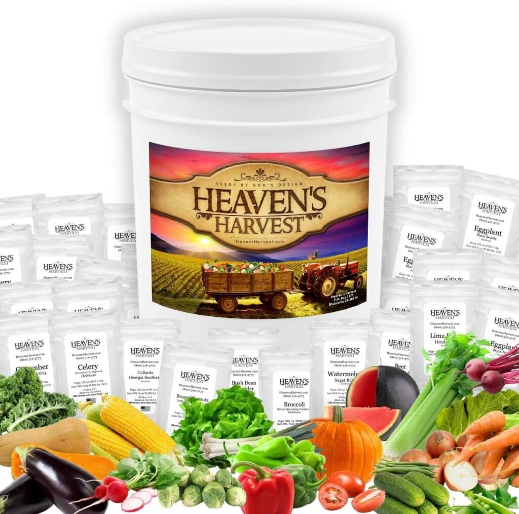 Heavens Harvest Survival Seed Bank Kit (Over 25,000) Fruit  Vegetable Non-GMO Heirloom Seeds for Planting a 3+ Acre Home Garden. 100% Secure: Emergency Weather-Proof Bucket (1-Pack)