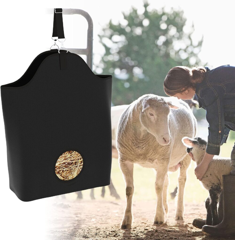 Kaulhp Goat Hay Feeder, Hay Bag for Goats Small Front Hole Bags for Nigerian Dwarf Goat, Less Hay Waste Tote Bag for Traveling,for Sheep Fair, Paddock, Stalll (Classic Black + Classic Black)