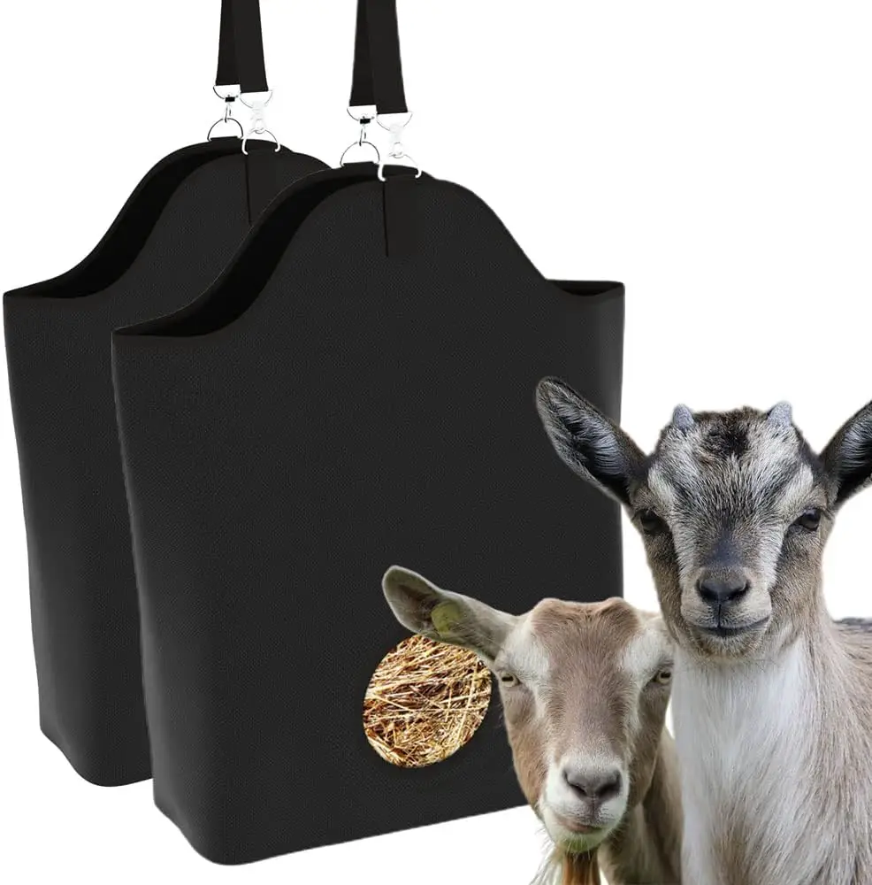 Kaulhp Goat Hay Feeder, Hay Bag for Goats Small Front Hole Bags for Nigerian Dwarf Goat, Less Hay Waste Tote Bag for Traveling,for Sheep Fair, Paddock, Stalll (Classic Black + Classic Black)