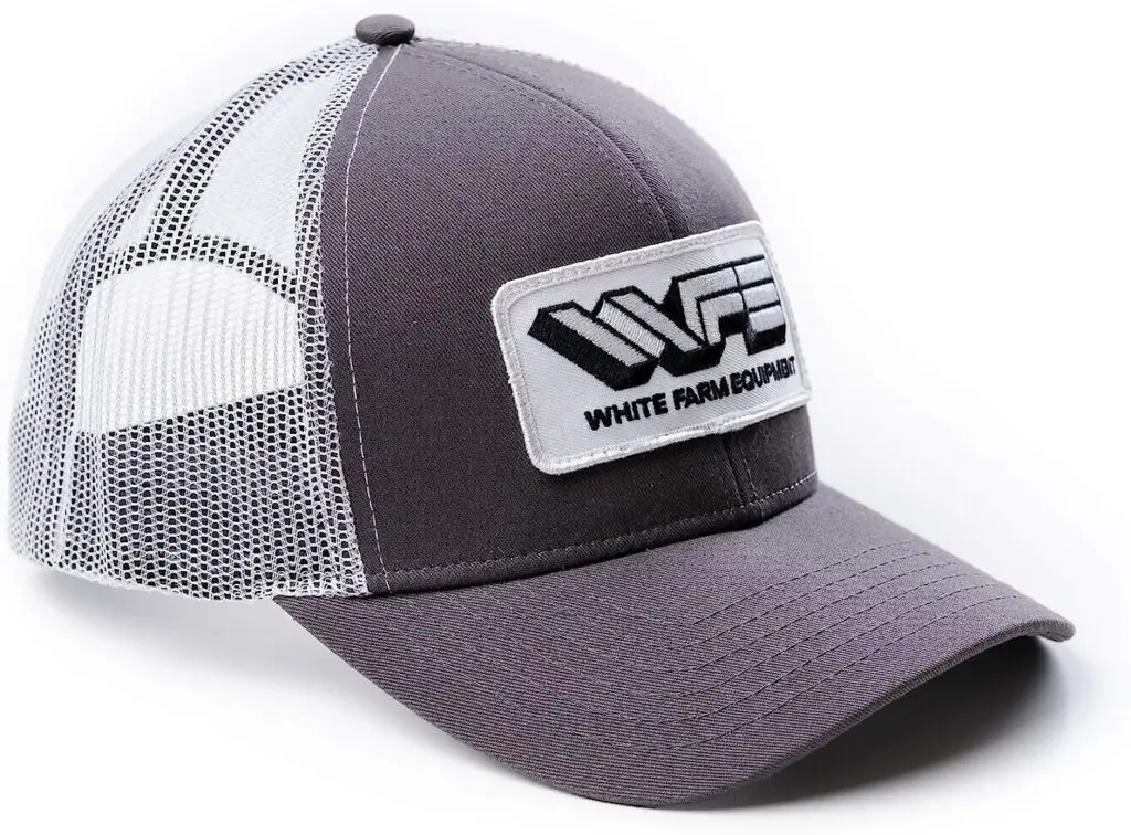 White Farm Equipment Logo Hat, Gray with White Mesh Back