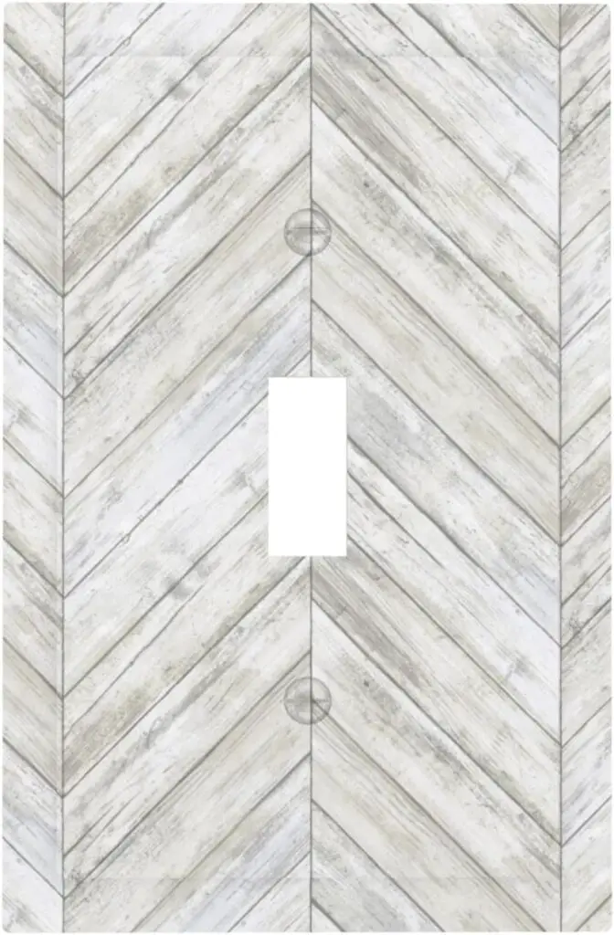 White Gray Distressed Herringbone Wood Plank Wooden 1 Gang Wallplate Single Toggle Light Switch Outlet Cover Plate Electrical Devcie Faceplate Switchplate Barn Door Farm House Kitchen Country Decor