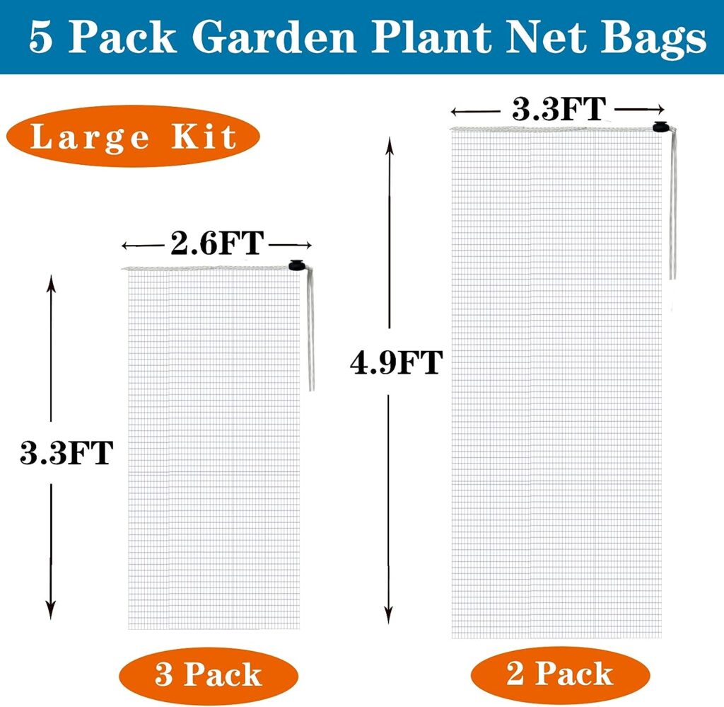 5 Pack Garden Netting with Drawstring, 2.6x3.3FT and 3.3x4.9FT Plant Net Bags, Row Cover Barrier Protection Net for Birds Animals, 2 Size Garden Mesh Cover for Vegetable Tree Flower Fruit Crop