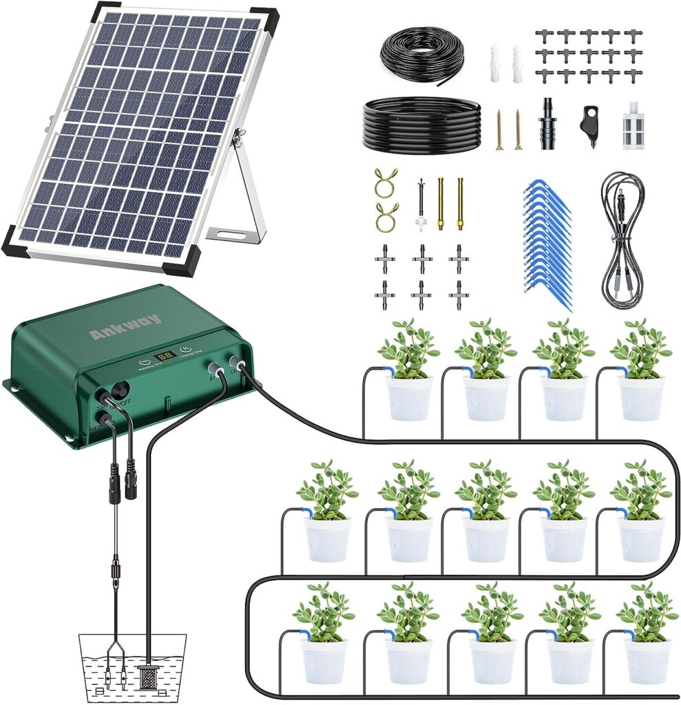 Automatic Watering Irrigation System 98.43FT 10W Solar Micro Drip Irrigation Kit Automatic Irrigation Equipment for Balcony Greenhouse Raised Garden Bed with Multi Timing Modes(Supported 30 Pots)