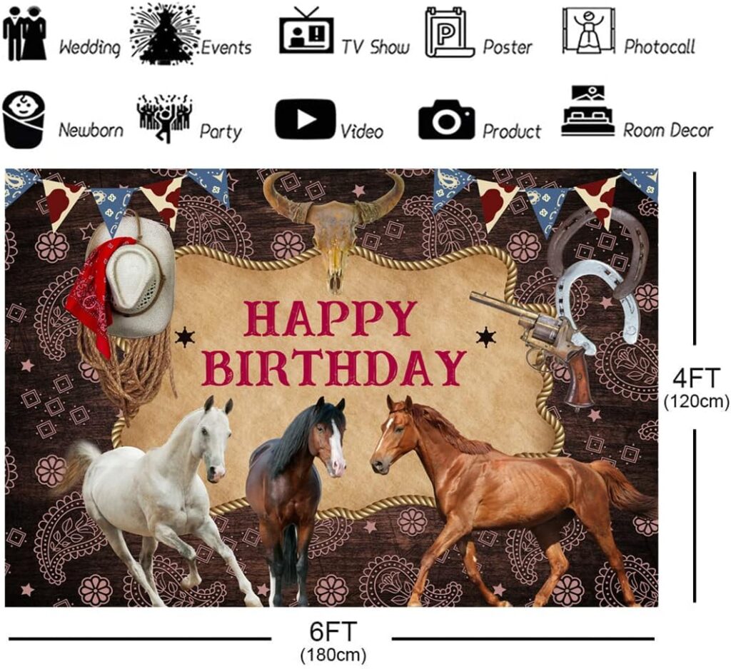 Happy Birthday Horse Backdrop Photography Wild West Cowboy Party Decorations Picture Background Farm Western Theme Cowgirl Baby Shower Banner for Children Adults Supplies Photobooth Prop 6x4ft