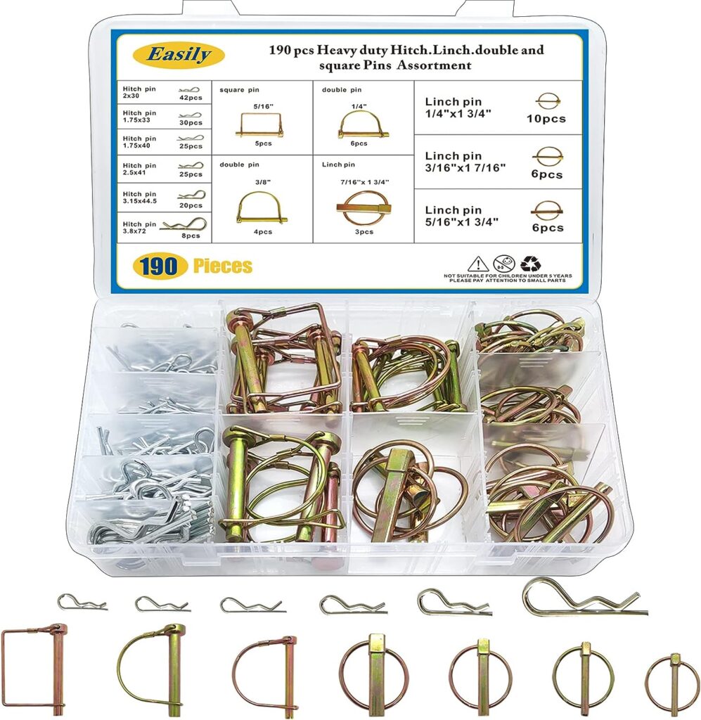 Hitch Pins Clip Pins 190Pcs, Linch and PTO Pins for Trailers Tractors Trucks Towing Mowing, Farm Equipment, Snow Plows, Lawnmowers Garage, Heavy Duty Trailers Accessories Tractor Attachments