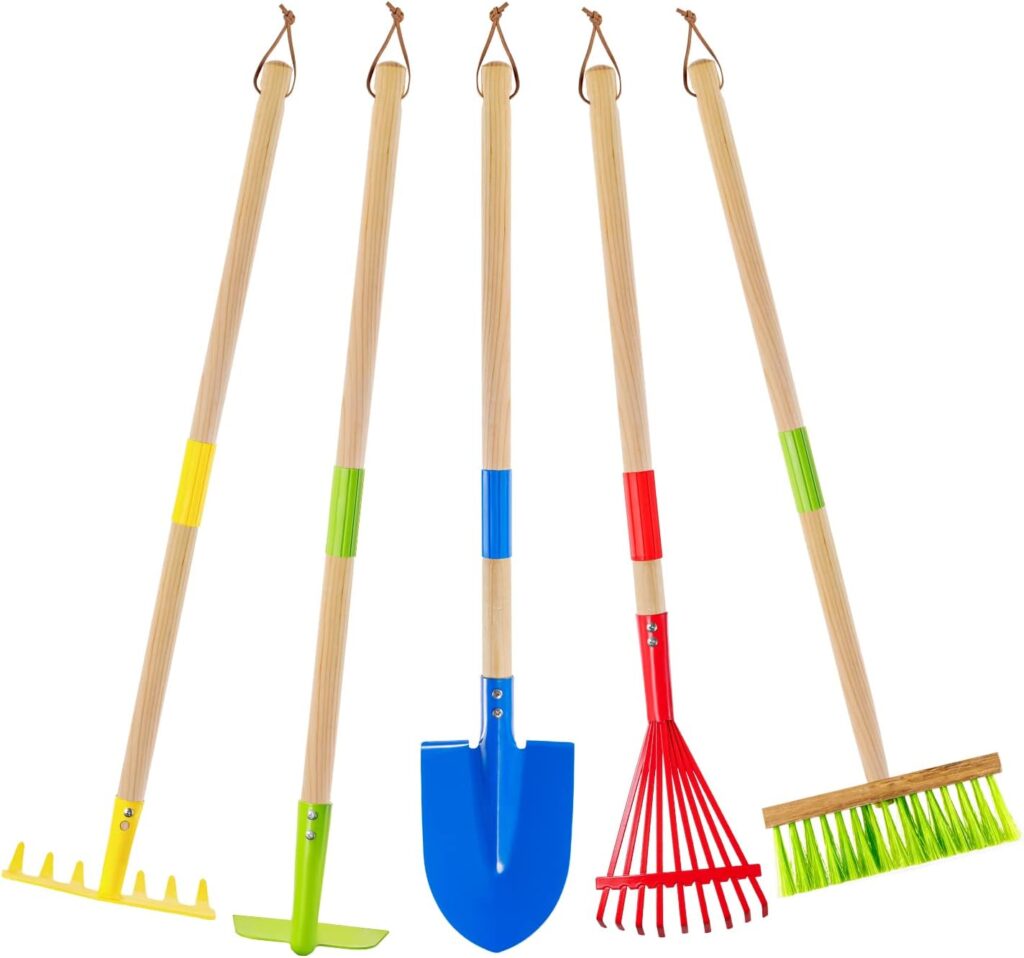 Kids Garden Tool Set: Toddler Size Hoe, Rake, Shovel, Leaf Rake, Broom - Theefun 5-Piece Kids Gardening Tools with Wooden Handle and Metal Head for Child Best Outdoor Toys Gift for Boys and Girls
