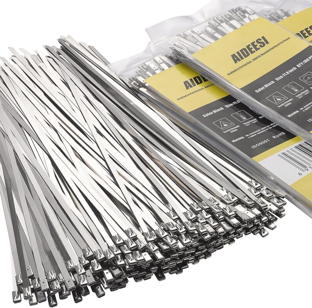 Metal Zip Ties 100pcs, 11.8 inches 304 Stainless Steel multi-purpose self-locking cable ties for machinery,vehicles, farms, pipes, roofs, cables, and outdoor, secure and durable solutions (Silver)