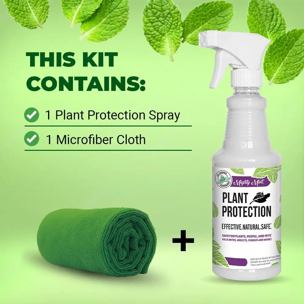 Mighty Mint 32 oz Peppermint Plant Protection Spray - Microfiber Cloth Kit - for Spider Mites, Insects, Gnats, Fungus, and Disease