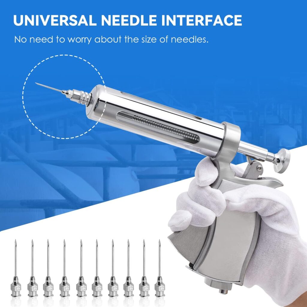 NEWTRY 50ML Continuous Livestock Syringe Semi Automatic Injector Adjustable Poultry Veterinary Gun Stainless Steel with 10 Needles for Horse Sheep Cattle