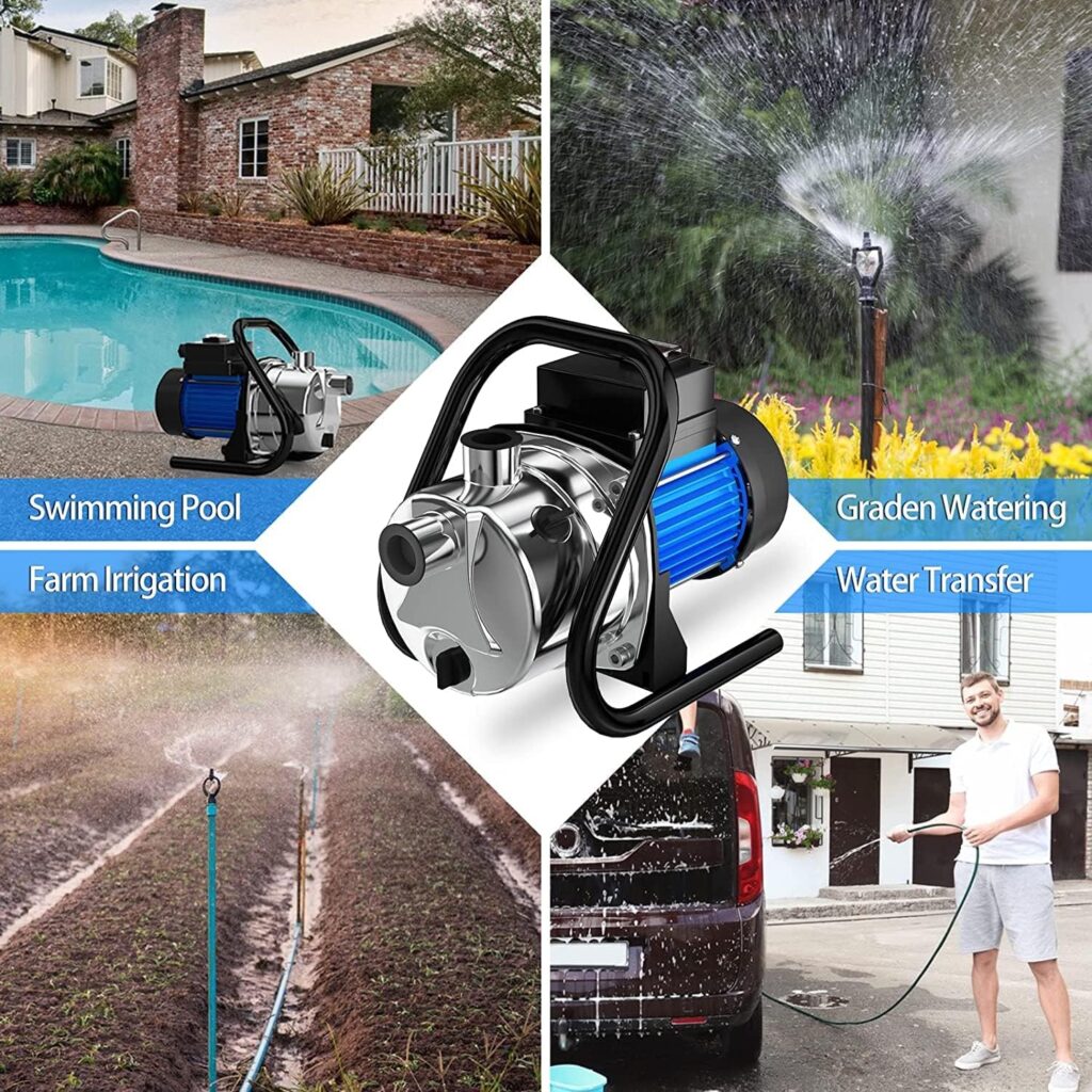 PANRANO 1.6HP Water Pump Electric Shallow Well Pump Portable Water Transfer Stainless Steel Pumps with 6 Accessories for Pool Draining Home Garden Lawn Irrigation Farm Water Removal Sprinkler System
