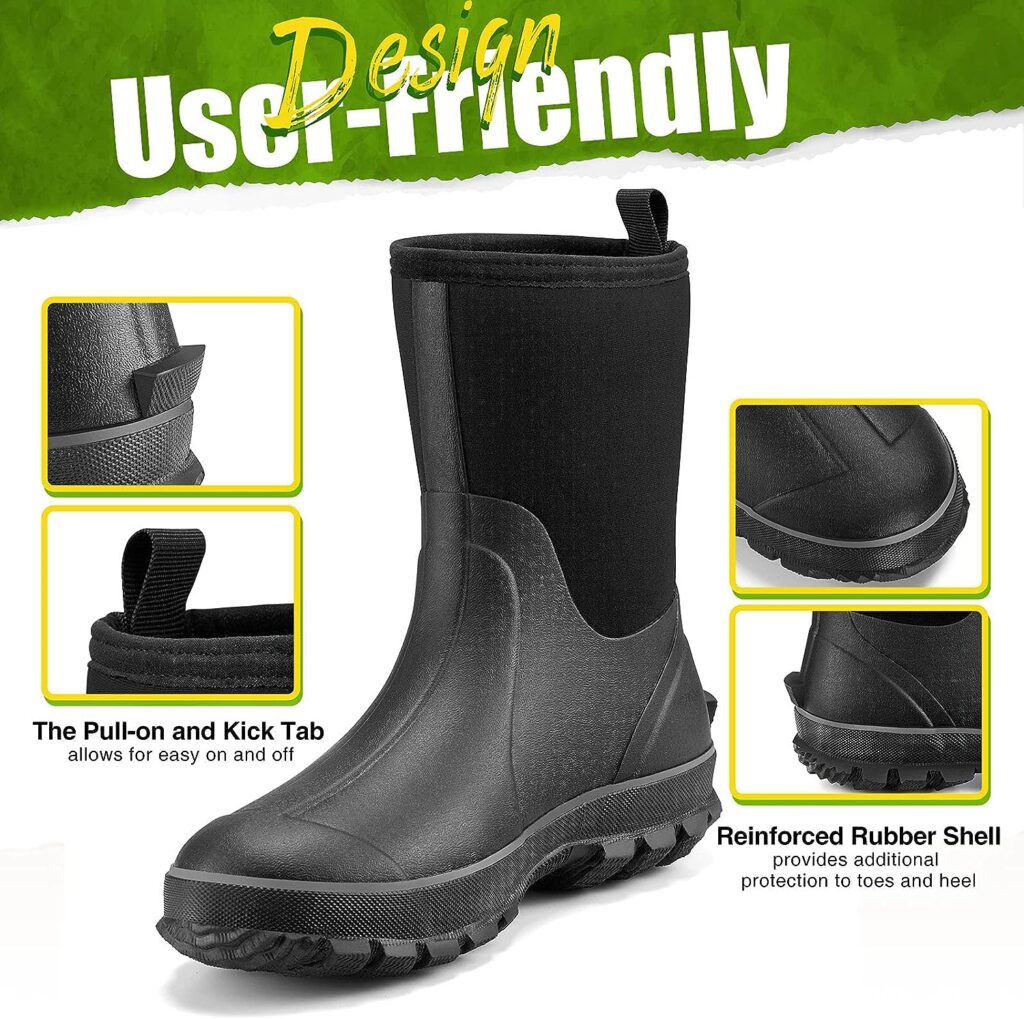 TIDEWE Rubber Boots for Men, 5.5mm Neoprene Insulated Rain Boots with Steel Shank, Waterproof Mid Calf Hunting Boots, Durable Rubber Work Boots for Farming Gardening Fishing (Black  Realtree Edge Camo, Size 5-14)